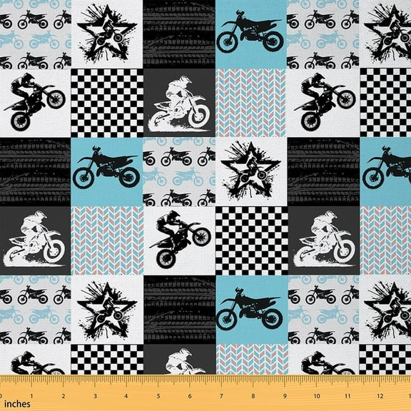 Feelyou Motorcycle Fabric by the Yard 1 Yard for Teens, Blue Patchwork Room Decor Fabric by the Yard, Dirt Bike Fabric for Sewing, Lightweight Room Decor