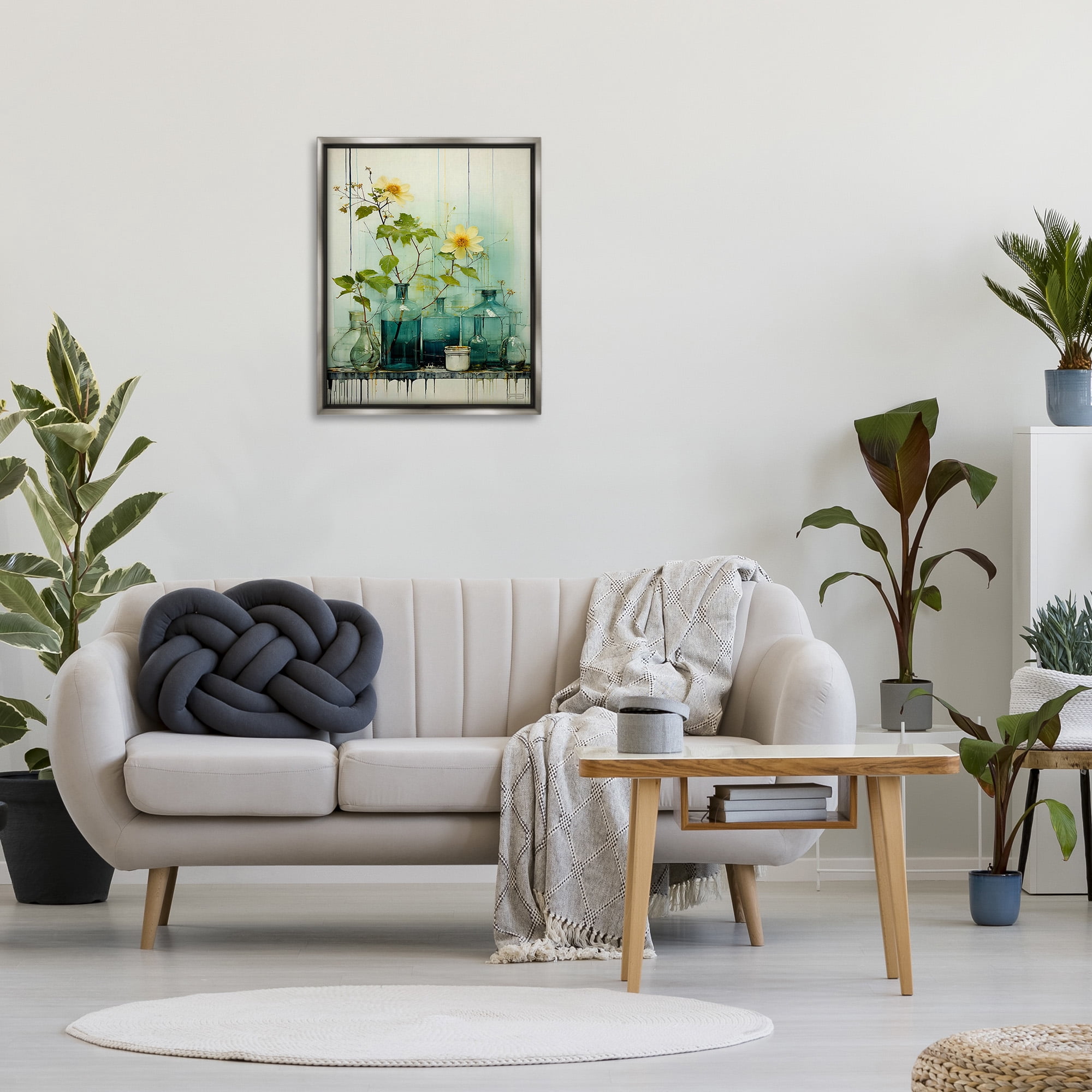 Stupell Industries Modern Jars & Florals Botanical & Floral Painting Gray Floater Framed Canvas Art Print Wall Art, 25 x 31