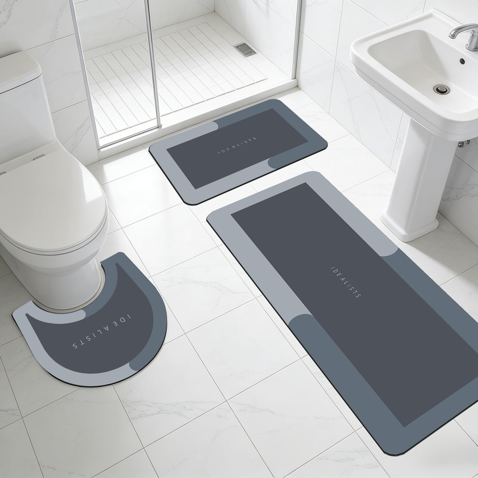 AuroraX Stone Bathroom Rug Set 3 Piece with Blue Absorbent Non Slip Rubber-Backed Diatomaceous Earth Bath Mat Long Rug Runner U-Shaped Toilet Rug Quick Dry Washable Bath Rug Set for Shower,Home Decor