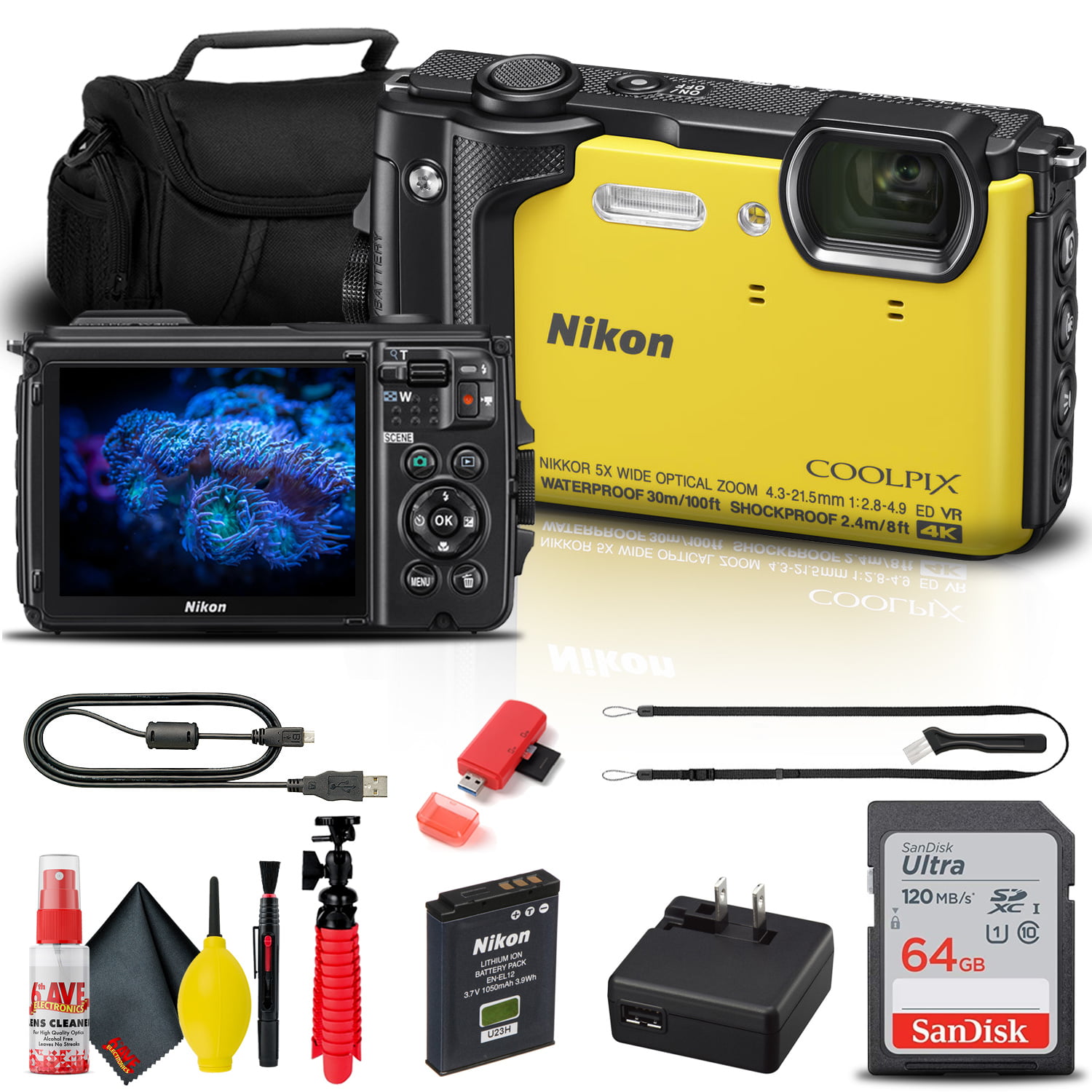 Nikon COOLPIX W300 Digital Camera (Yellow) (26525) + 64GB Memory