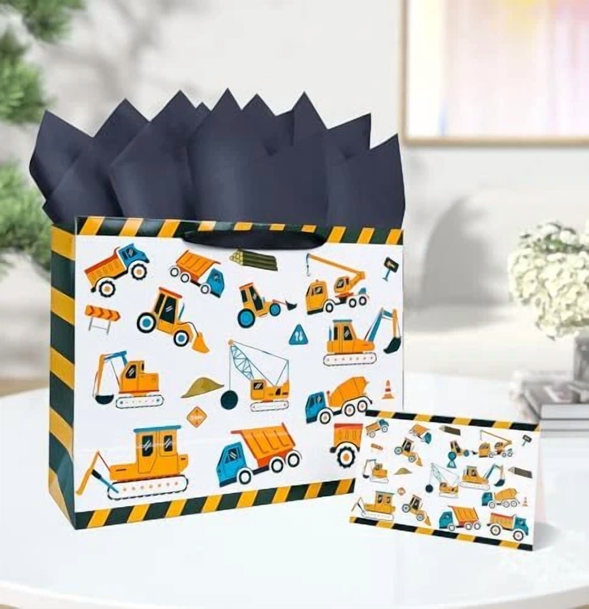BUTTERFLY- 13 Inches Large Gift Bag For Boys Construction Vehicle Construction Gift Bag