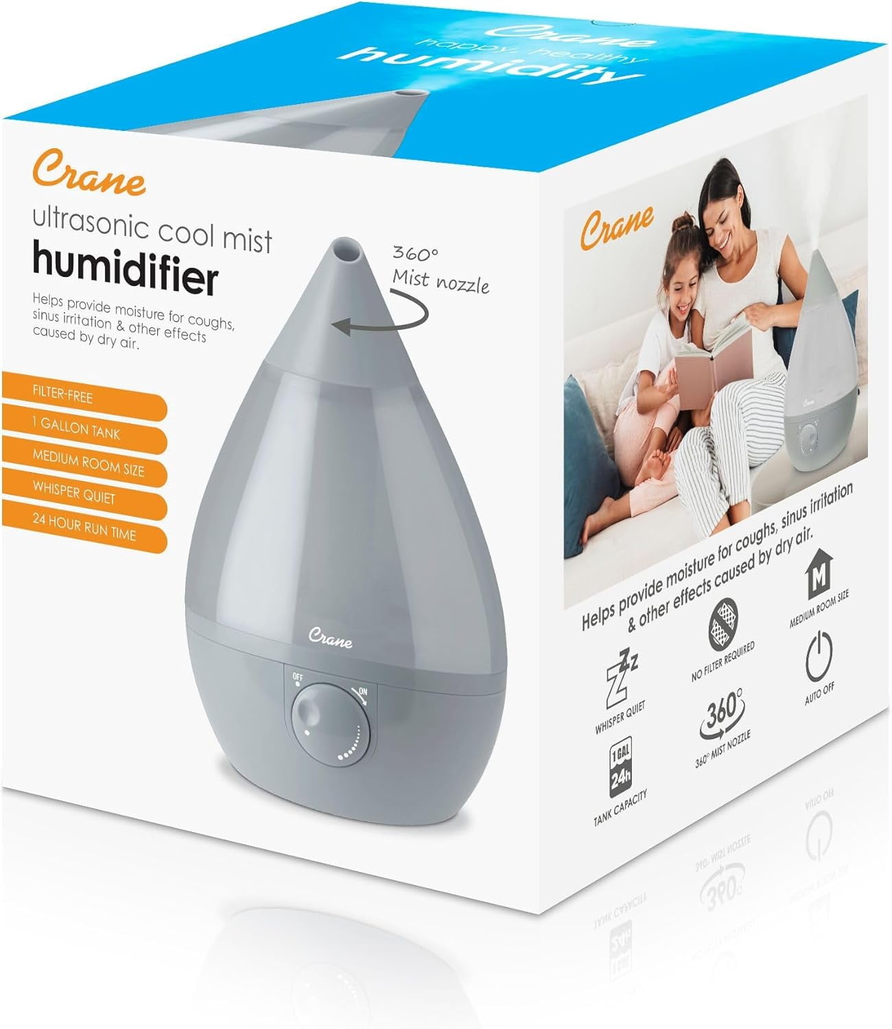 Crane Ultrasonic Teardrop Cool Mist Humidifier, Large 1 Gal