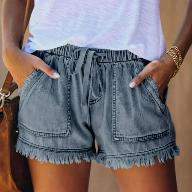 MKLEKYY Pantalones Vaqueros Cortos de Bolsillo para Mujer, Pantalones Vaqueros con Borlas y Vendaje, Pantalones Cortos Casuales