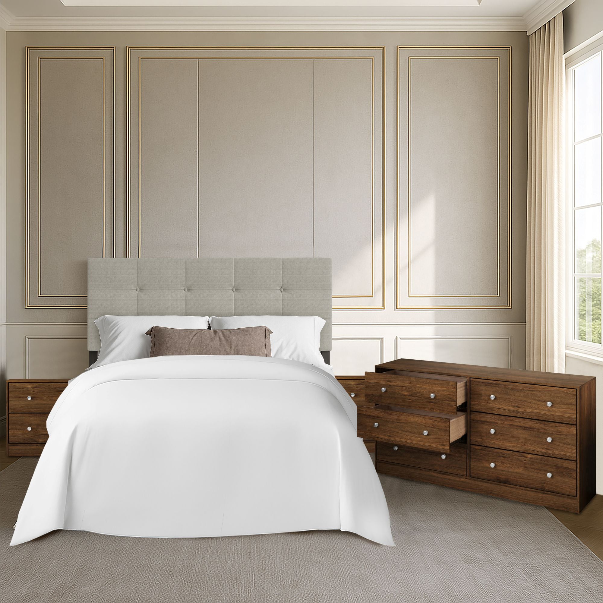 Home Design Gina Upholstered Headboard with Altoona Dresser and 2 Nightstands; Bedroom Set