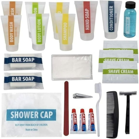 24 Pack of Bulk Wholesale 25 Piece Travel Size Toiletry Kits for Men & Women Containing Shampoo, Conditioner, Body Wash, Body Lotion, Soap Bars, Toothbrush, Toothpaste, Hair Comb and More!