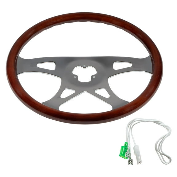 18" Wood Truck Steering Wheel with 4 Chrome Spokes – Dark Brown Hydro-Printed Finish, Universal Fit for Kenworth, Peterbilt & Freightliner Semi-Trucks