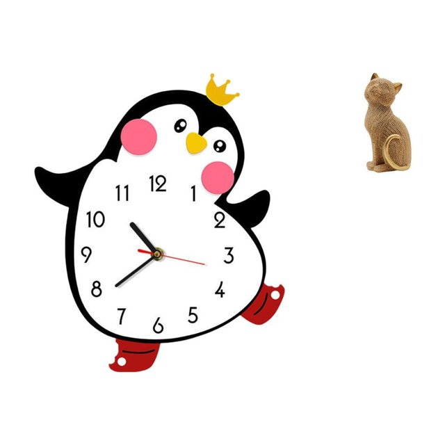 Encantador reloj de pared de madera con diseño de pingüino y gato, y figura de resina para dormitorio, sala de estar, estantería, entrada, decoración