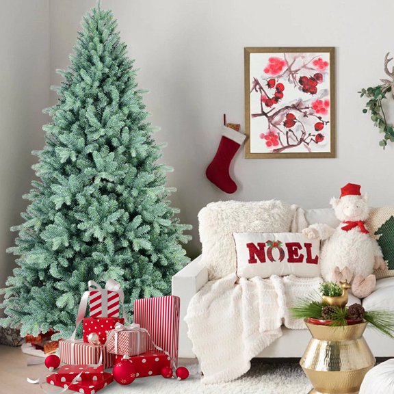 Christmas Tree 9FT Blue-Green Tint PE/PVC Christmas Tree – 3268 Tips, Hinged Branch Design, Full Natural Look, Stable Metal Stand, Easy to Assemble Holiday Decoration,Flocked Christmas Tree
