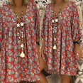 thumbnail image 3 of Vestido de camiseta holgado y fluido con mangas 3/4 y cuello en V de talla grande para mujer Halloween Skull Flo, 3 of 5
