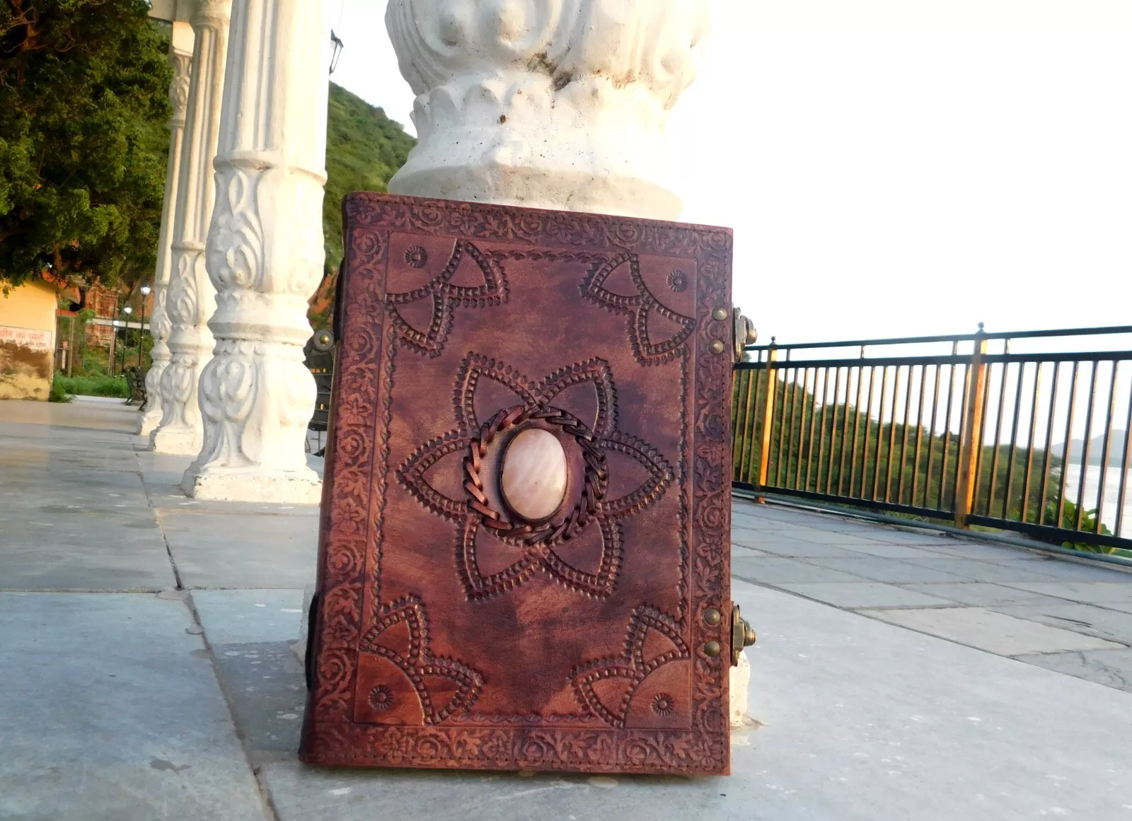 Handcrafted Embossed Design Vintage Leather Bound Journal Diary Rose Quartz Stone Antique Style Notebook For Men & Women Office Stationary Use