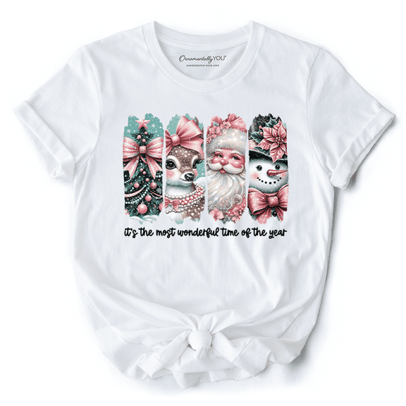 Coquette Pink Christmas T‑Shirt, It's The Most Wonderful Time Of The Year Vintage Tree, Reindeer, Santa and Snowman Tee