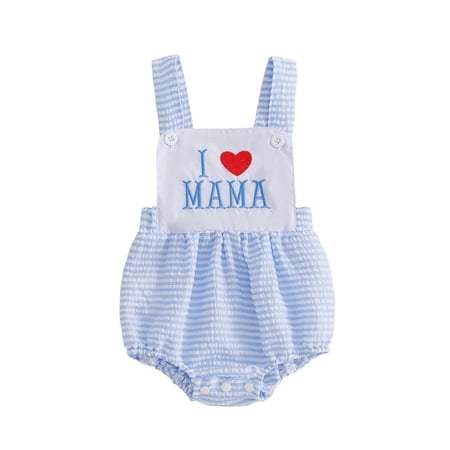 Ulitacool Girls Rompers 6-12 Months O Neck Summer Baby Onesies Striped Letter Details Sleeveless Bodysuit Solid Color Jumpsuit Durable Clothes Blue