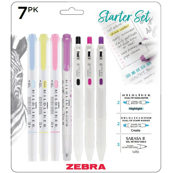 Zebra Pen Creative Starter Set, Mildliner Dual-Tip Highlighters and Stamp with Sarasa R Gel Pens 0.4mm, 7 Count