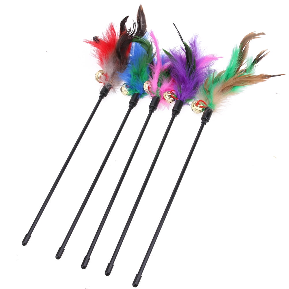 Cat Kitten Pet Teaser Turkey Feather Interactive Stick Toy Bell Wire Chaser Wand 