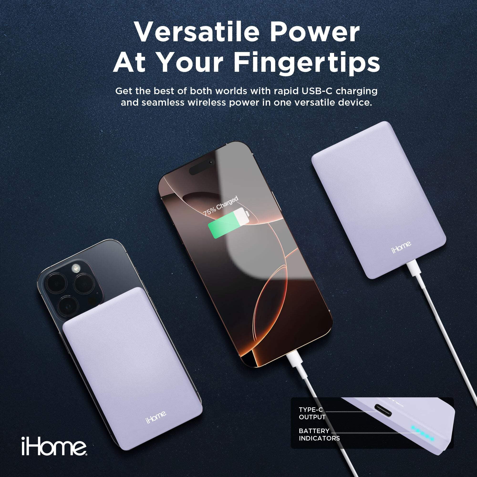 iHome 5000mAh Magnetic Portable Power Bank, Wireless Charging, USB-C Input/Output, MagSafe Compatible for iPhone 12 & Newer