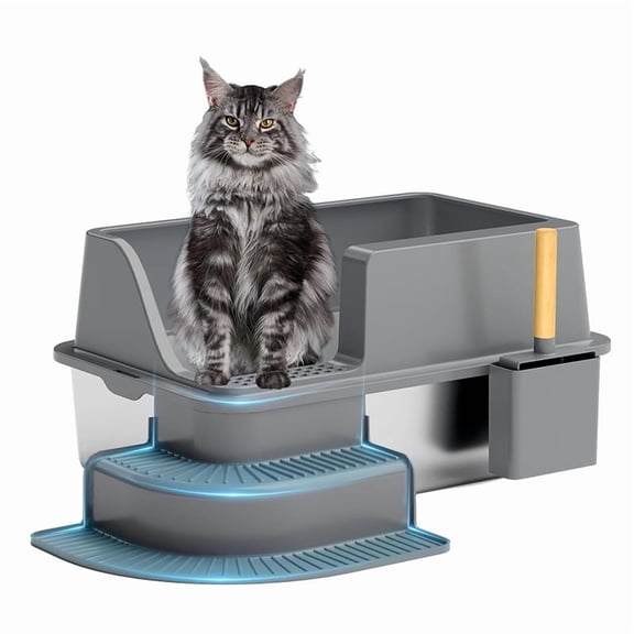 BOYOU Premium Stainless Steel Cat Litter Box - Extra Large 30 L Tray with High Sides - Anti-Scratch & Rust-Proof Metal Box for Big Cats & Small Kittens - Easy to Clean with Litter Scoop(Dark Gray)
