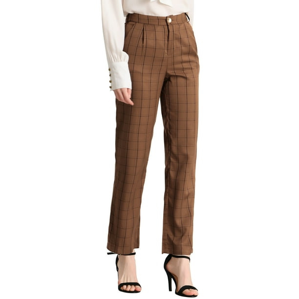 INSPIRE CHIC Pantalones a cuadros casuales para mujer, bolsillos, pierna recta, trabajo, oficina, pantalones Marrón oscuro negro XL