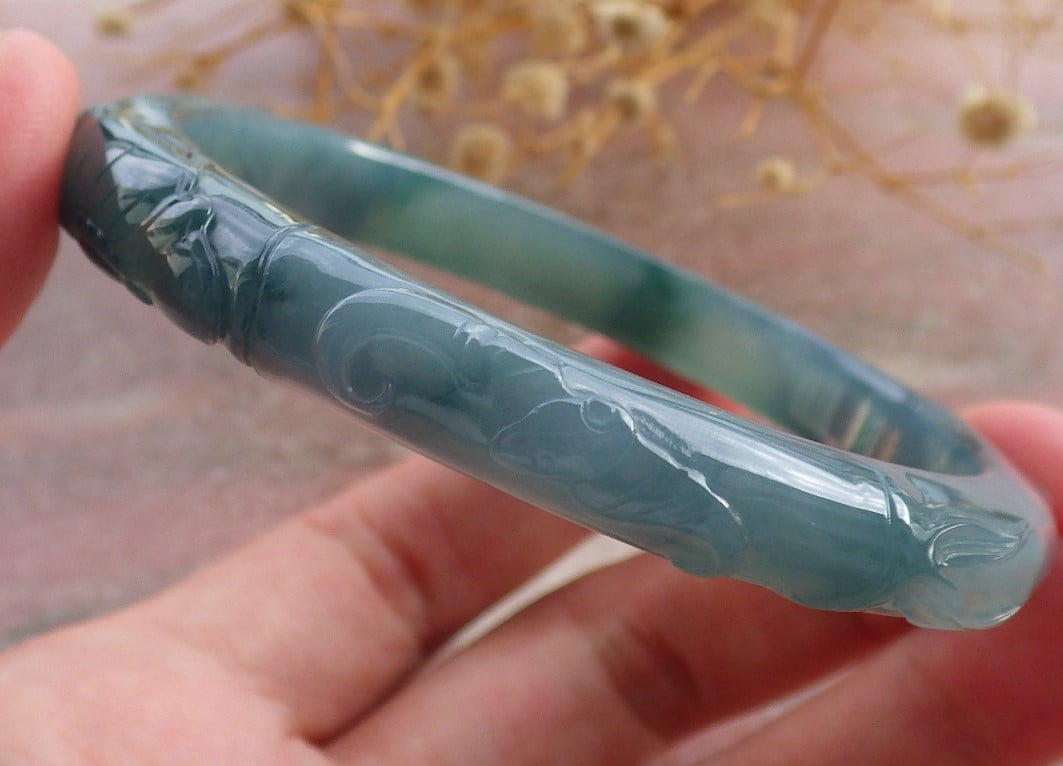 Icy Lavender Green Natural A JADE Jadeite Bat Ruyi Bamboo Bangle Bracelet 58 mm 683932 T