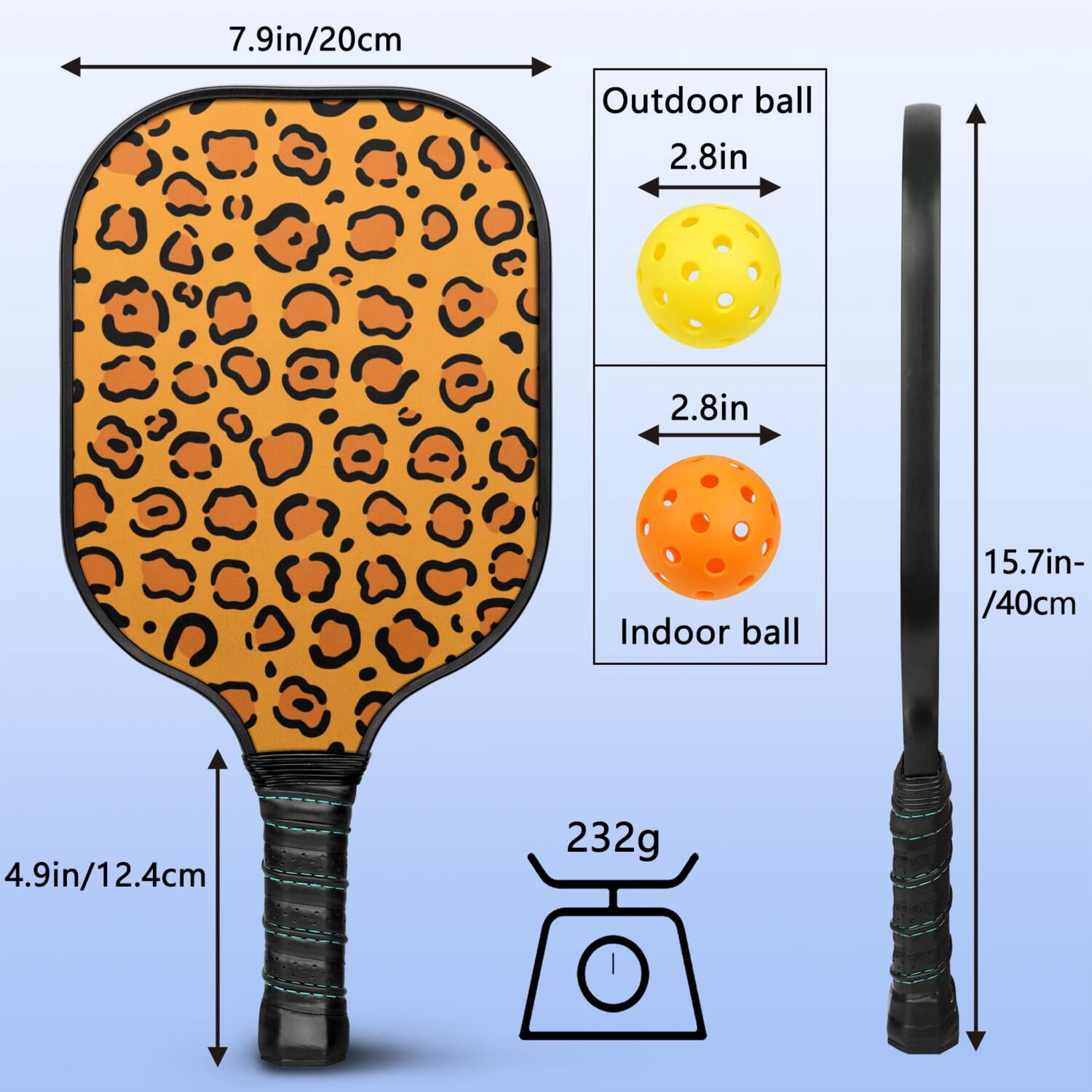 Pickleball Paddles Set Of 1, Fiberglass Surface, Animal, Leopard Print, 1 Paddle, 2 Balls & Bag