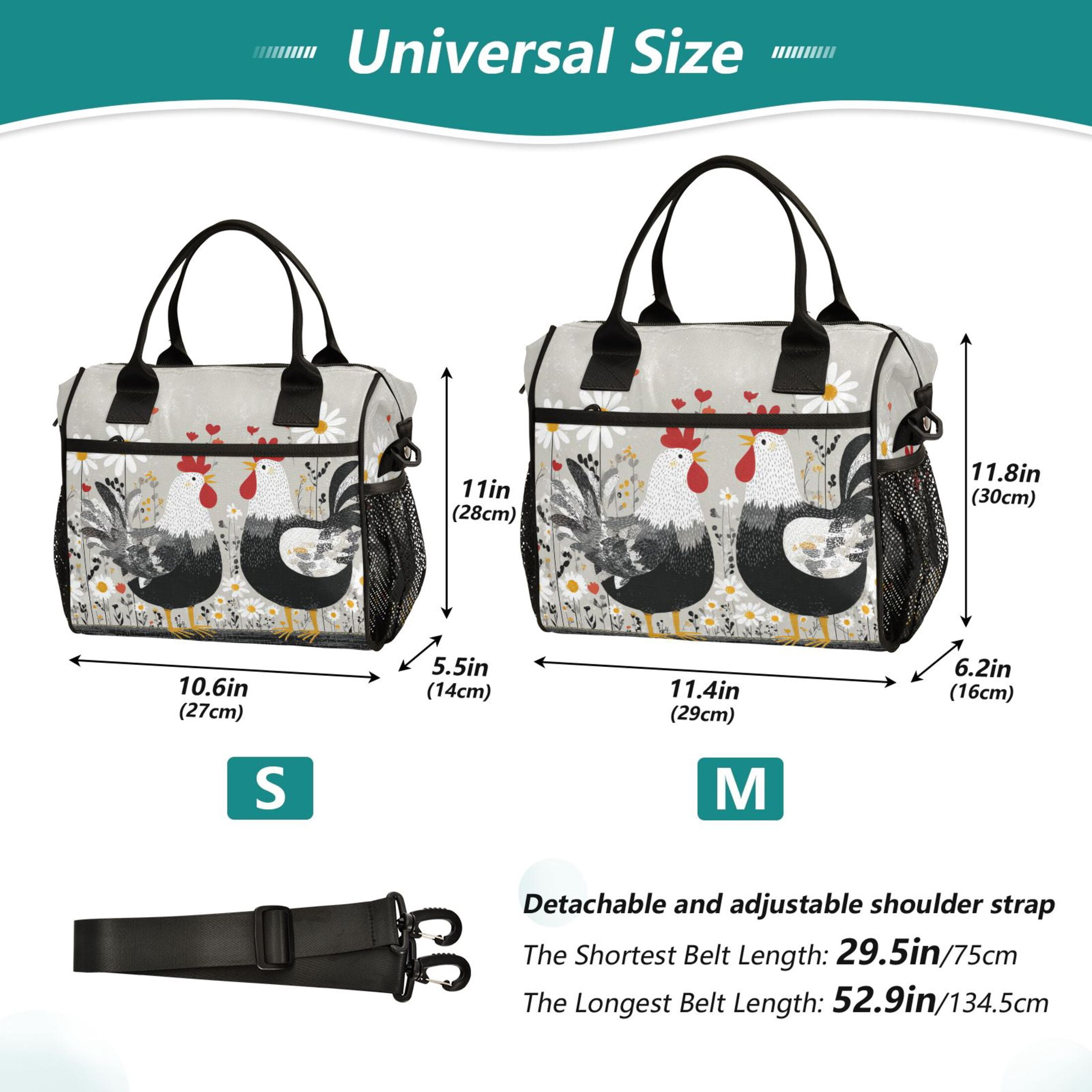 Large Insulated Lunch Bags for Women Men Leakproof Thermal Meal Lunch Tote Bag for Office Work Picnic Travel Black and White Chick 12L