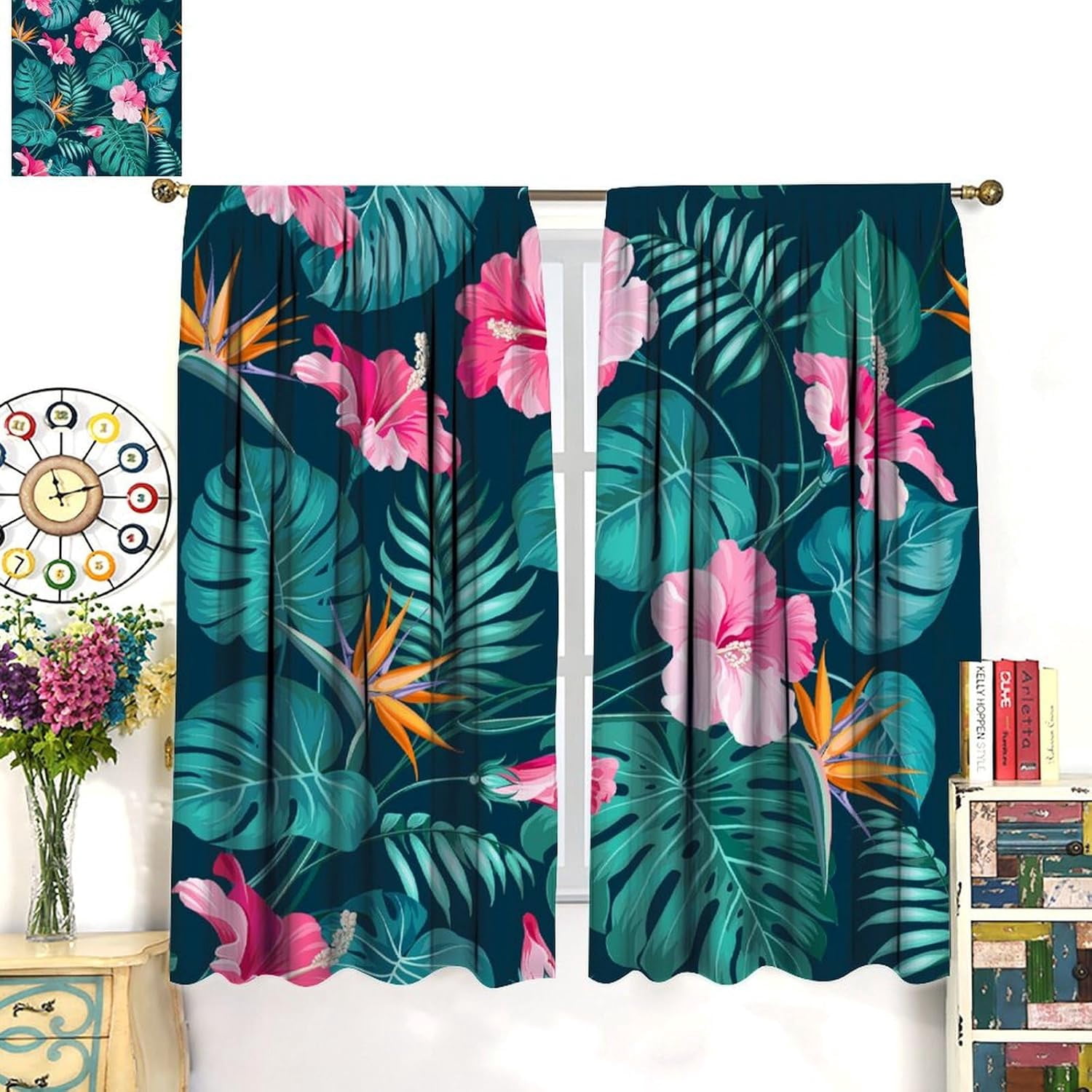 Tropical Curtains Green Palm Leaves Pink and Yellow Flowers Blackout Print Rod Pocket Window Drapes for Bedroom Living Room 52x84in