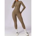 thumbnail image 4 of Women Long Sleeve Workout Jumpsuit Zip Up Romper Bottom Pants Bodysuit Bodycon Camel Brown M, 4 of 9