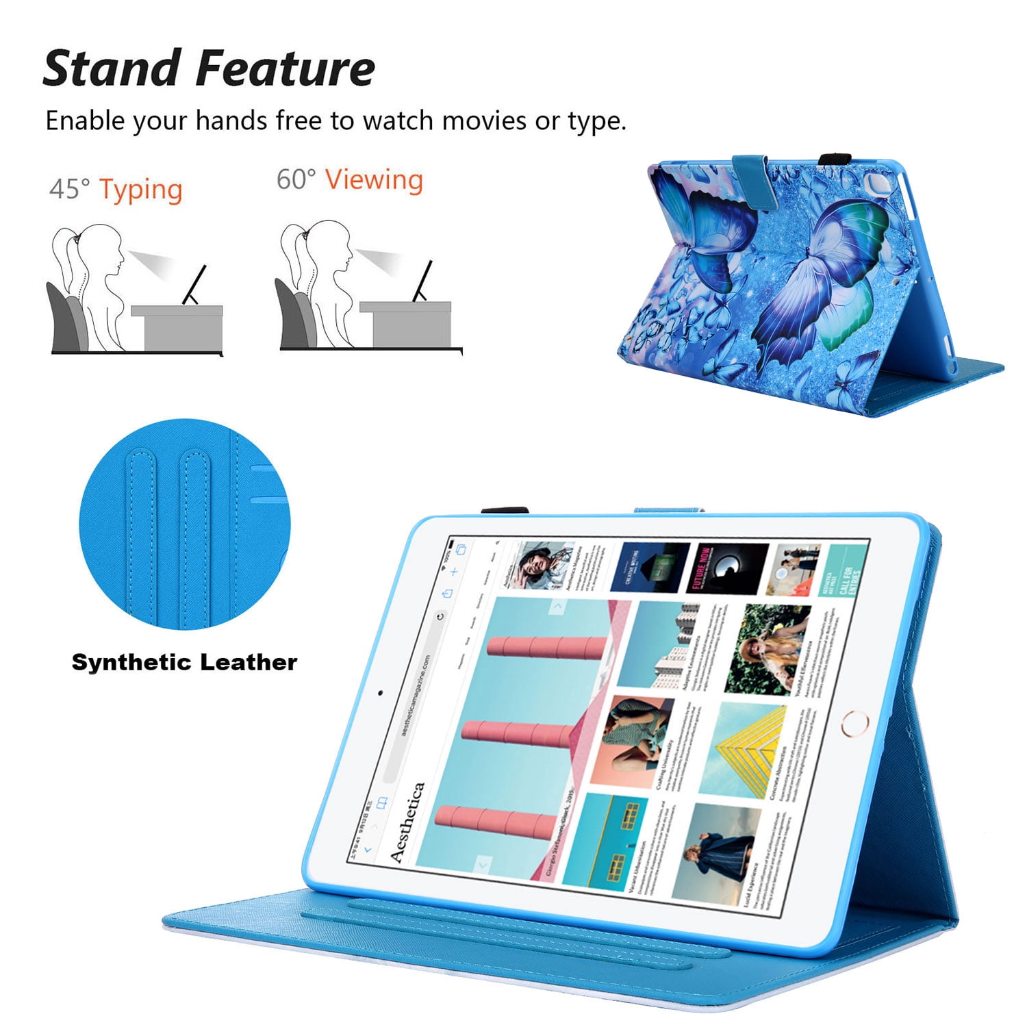 iPad 9.7 6th 5th Case, iPad 9.7 Case with Pencil Holder, Allytech PU Leather Slim Shockproof Auto Sleep Wake Kickstand TPU Back Cover Casef for Apple iPad 9.7 2018/2017, iPad Air 1 2,Butterfly