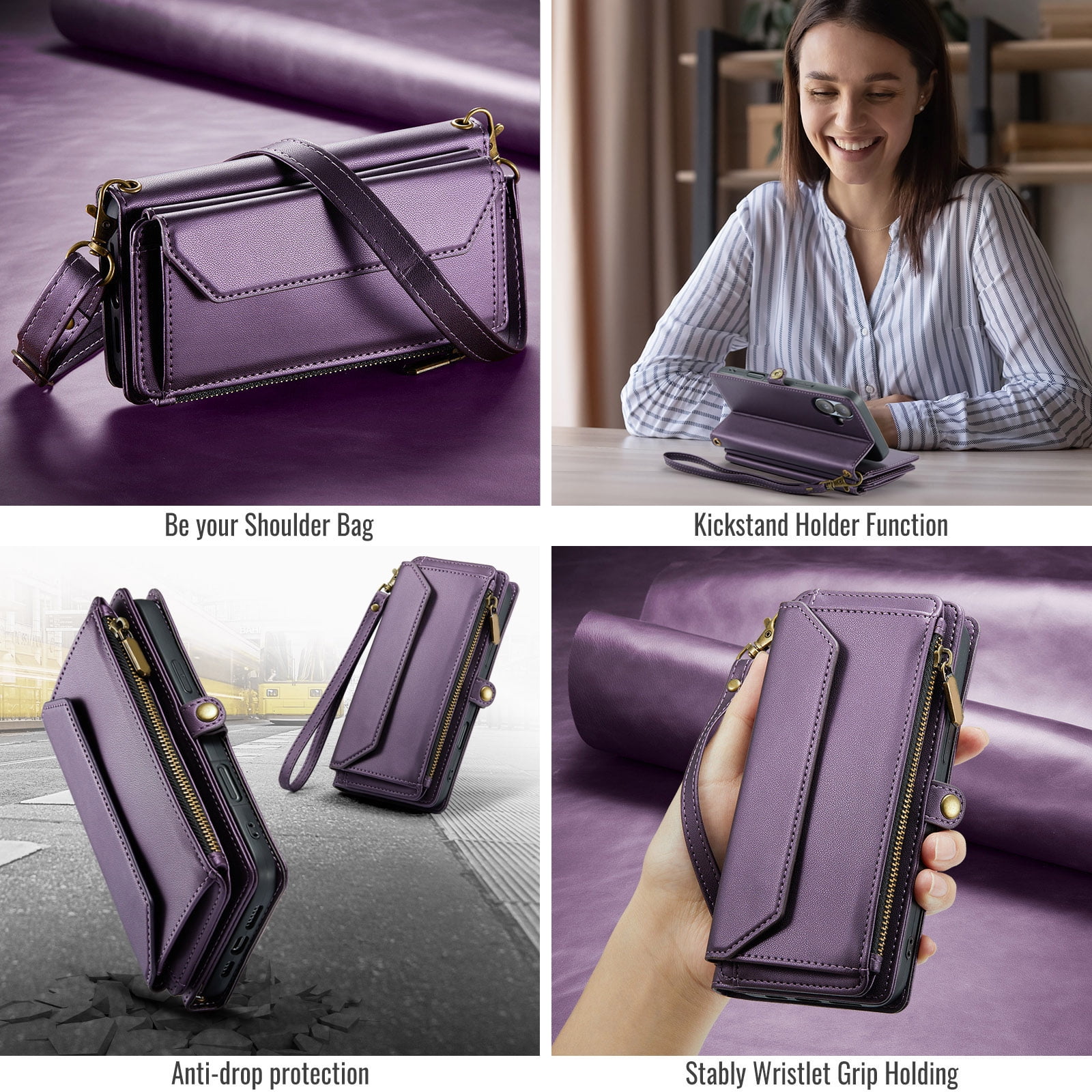 Compatible with iPhone 16 Plus 6.7 inch Zipper Wallet Phone Case Tempered Glass Screen Protector Crossbody Lanyard Strap Flip Card Holder Slot Cell Cover for i Phone16 16+ i16 + 16Plus Women Purple