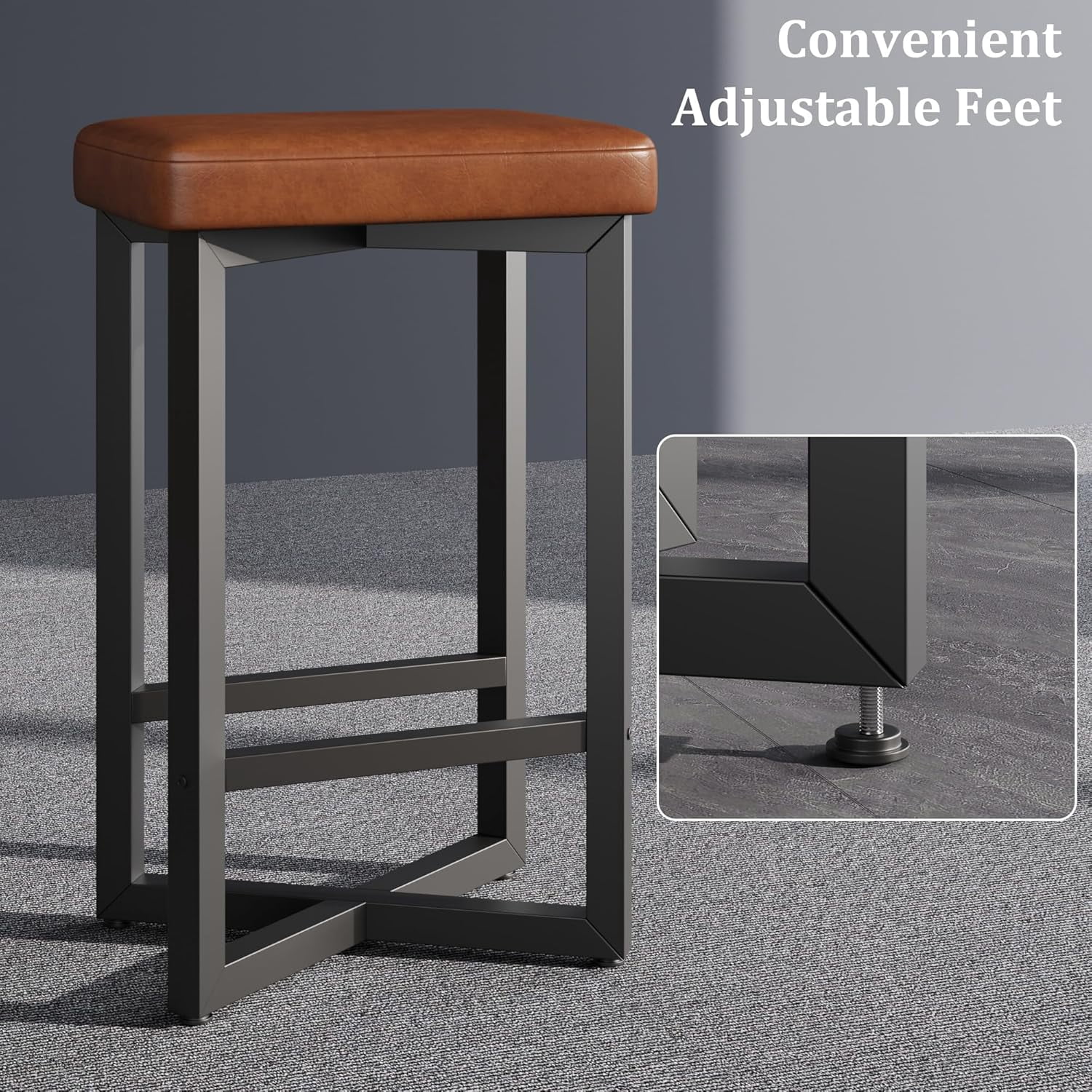 Towallmark Bar Stools Set of 2, 24.6" Counter Height Backless Barstools, Upholstered PU Leather Seats with Metal X-Frame & Footrest, Modern Kitchen Stools for Home Bar, Dining Room, Brown