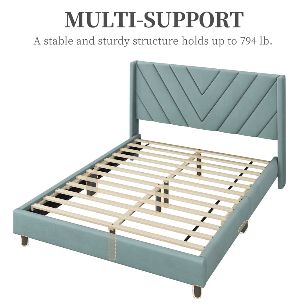 Yaheetech Upholstered Platform Bed with Wooden Slat Support and Tufted Headboard, Queen, Blue Lake