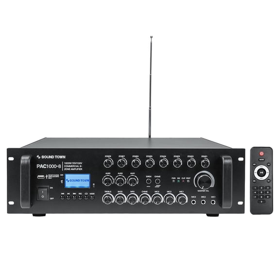 Sound Town 1000W 8-Zone 70V/100V Commercial Power Amplifier with Bluetooth, USB, LCD Display for Restaurants, Bars, Multi-Room Installation (PAC1000-8)