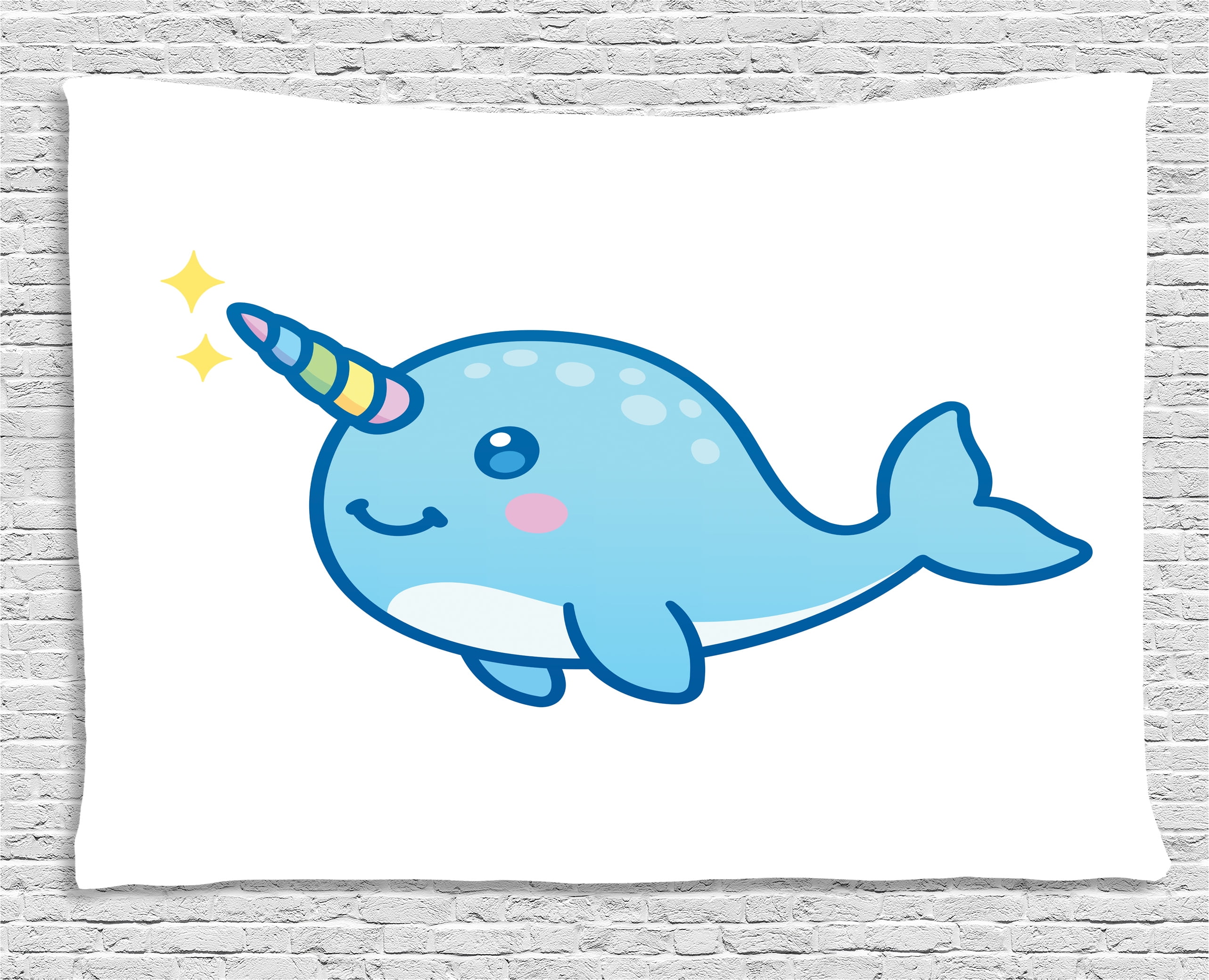 Narwhal Tapestry, Cartoon Drawing Style Whale with Rainbow Horn Unicorn