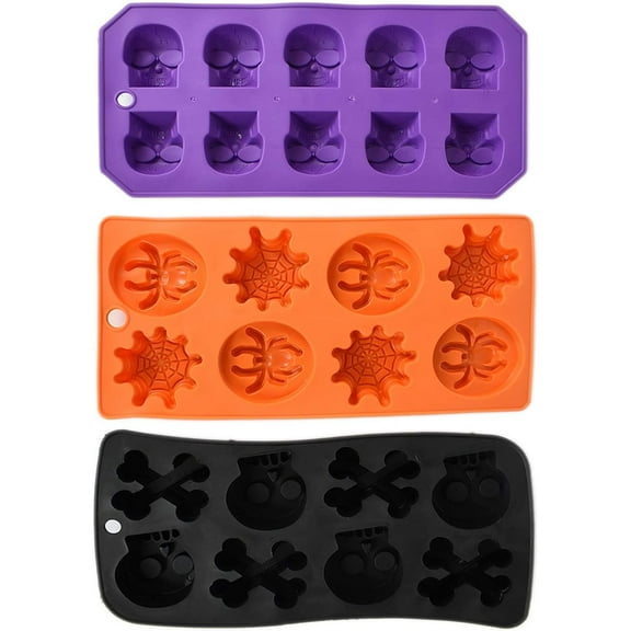 Set of 3 Halloween Spooky Ice Cube Trays! - Spiders, Skulls, Webs, and Bones! - Black Duck Brand - Silicone Bendable Ice Tray