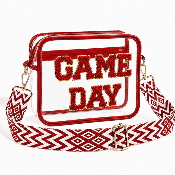 Red Game Day Clear Bag, Stadium Approved Crossbody Purse for Women with Textured GAME DAY Letters, Small Stadium Bag for Concerts & Sports