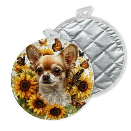 

2 PCS Pot Holders for Kitchen Potholders Sets with Hook for Oven Cooking Baking Chihuahua In The Center Of Sunflowers