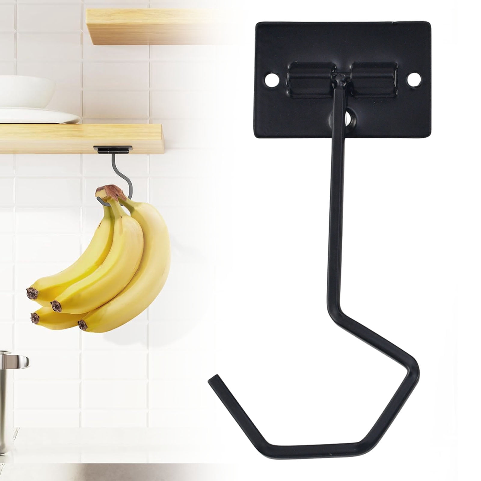 Under Cabinet Banana Hook Foldable - Durable Reusable Stainless Steel Adhesive Magnetic Banana Holder, Foldable with Magnets When Not in Use, Under Counter Banana Hook, 1Pc(Black,5.1x2.3")