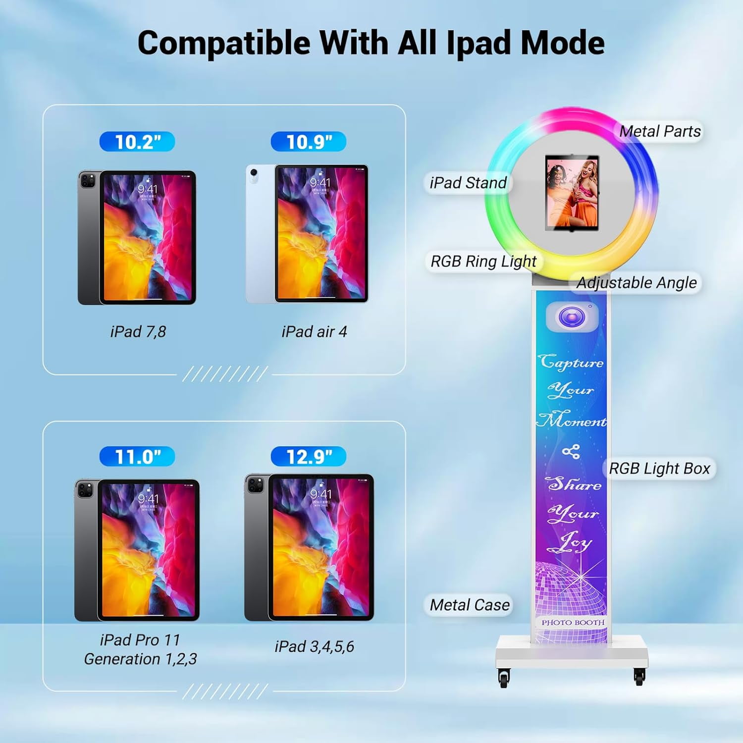 MWE Photo Booth Stand for ipad 12.9'' 10.9'' 10.2'' with Ring Light Software APP and Remote Control, RGB Lights Music Sync, Flight Case