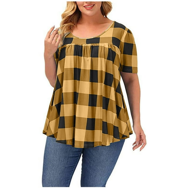 Hauts Fluides à Carreaux pour Femmes Grande Taille, Blouses Plissées Chic Décontractées, Coupe Ample, Manches Courtes, Col Ras du Cou, Hauts d'Été Jaunes, 3TG