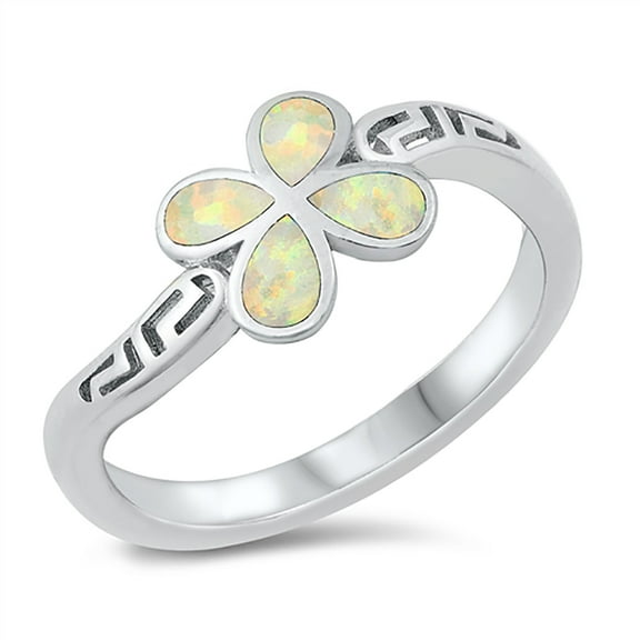 White Simulated Opal Greek Butterfly Meander Ring Sterling Silver Size 10