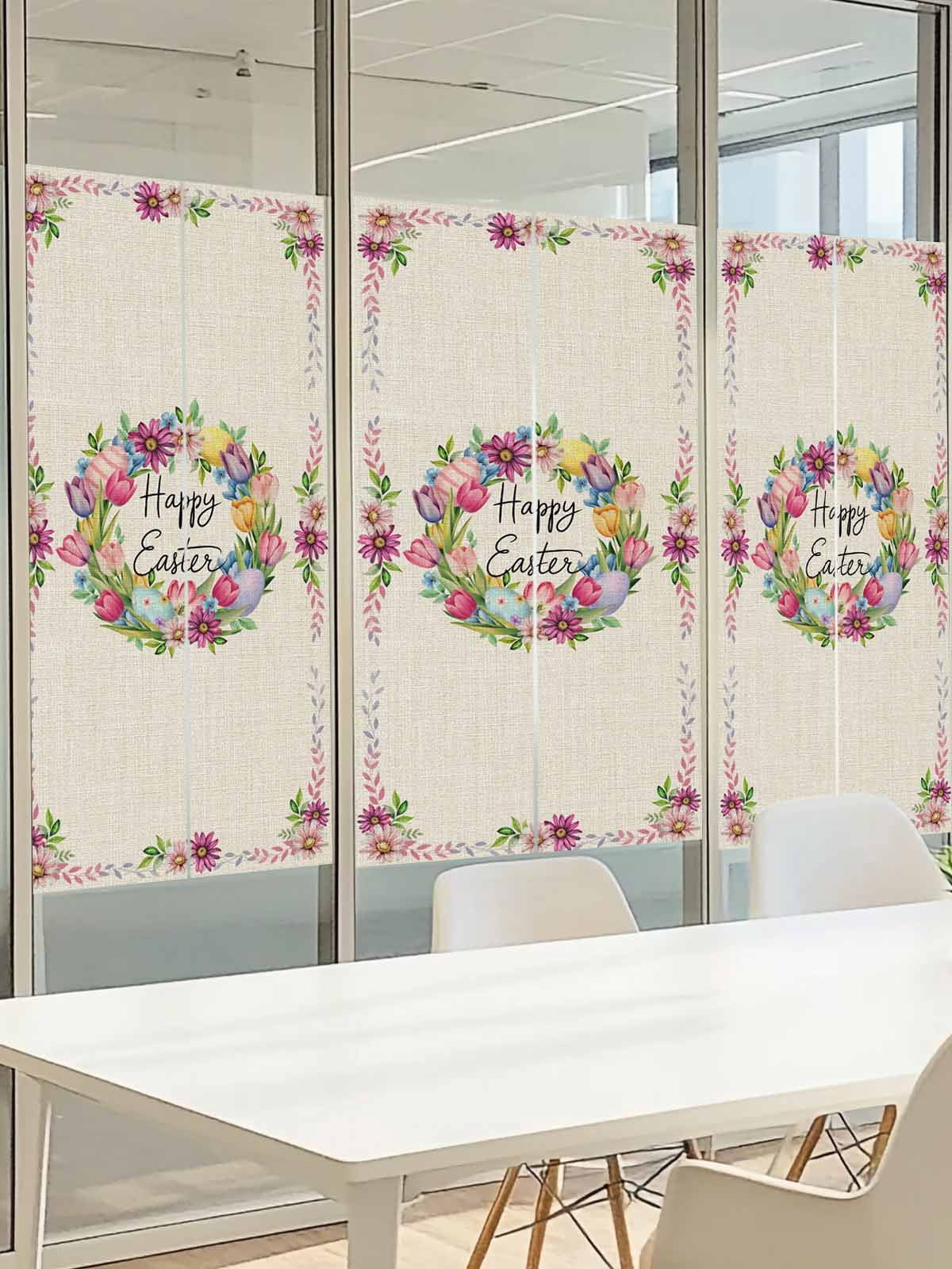 Flower Window Privacy Film, Floral Ring Pink Daisy Tulips Color Egg Spring Linen Texture Frosted Glass Window Clings Static Cling Heat Blocking Reusable Door Sticker for Bedroom 35.4x78.7 Inch