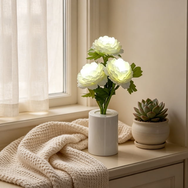 Peony Flower Night Light Simulation Fake Flower Night Light Bedroom Bedside Light Light Home Decoration Desktop Ornaments Battery Not Included