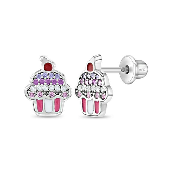 Colorful CZ Cupcake Baby / Toddler / Kids Earrings Screw Back - Sterling Silver