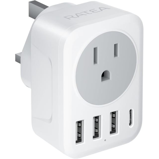 Adaptador de enchufe de viaje RATEA tipo G con 3 tomas USB-A y 1 USB-C