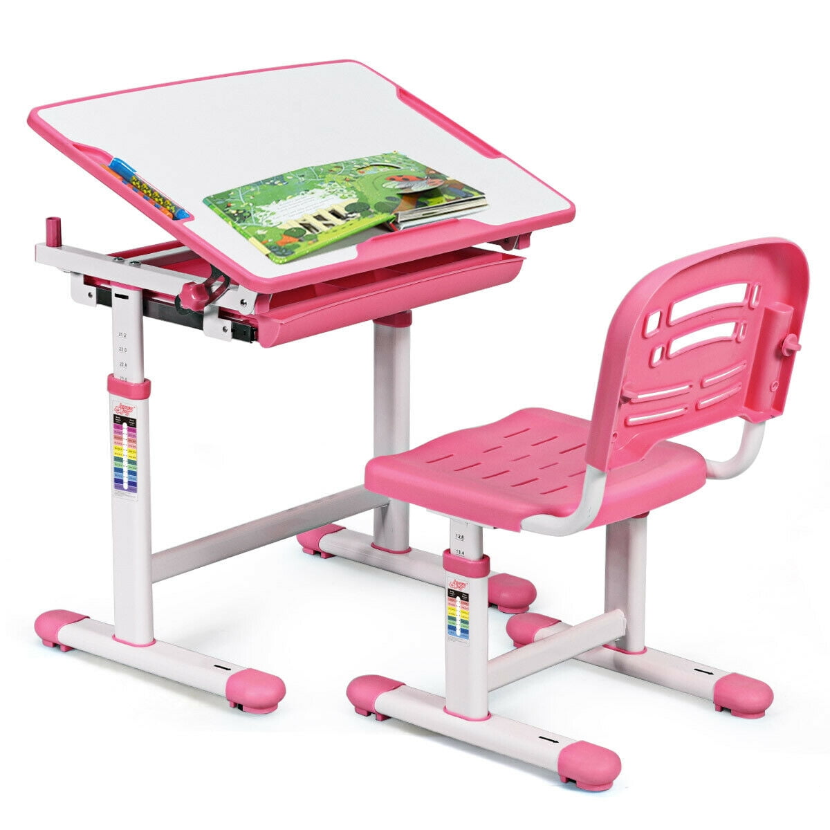 Gymax Height Adjule Children S Desk Chair Set Multifunctional Study Drawing Pink