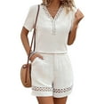 thumbnail image 2 of Womens Summer Two-Piece V-Neck Hollowed-Out Patchwork Short Sleeved Top and Shorts Set Loose Casual Fashion Outfit White XL, 2 of 3