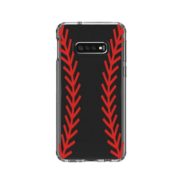 DistinctInk Clear Shockproof Hybrid Case for Samsung Galaxy S10e (5.8" Screen) - TPU Bumper, Acrylic Back, Tempered Glass Screen Protector - Red Baseball Stitching