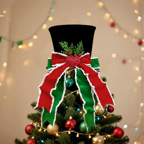 Christmas Decorations Red and Green Velvet-Trimmed Ribbon Heart Ornaments Christmas Tree Topper Christmas Hat