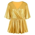 thumbnail image 4 of Women Short Sleeve Top Ruffle Hem Pullover Top Wrap V Neck Metallic Shirt Elastic Waist Blouse Gold XL, 4 of 6