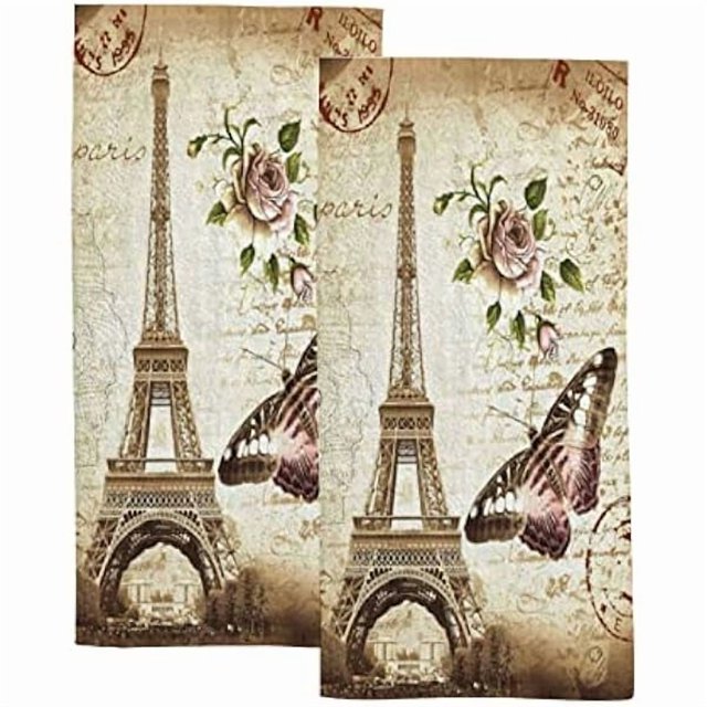 wonima44 Bath Hand Towels Set of 2, Eiffel Tower Hand Towels, Floral Face Towel Soft Absorbent Decorative Towels for Bathroom, Kitchen, Gym, Yoga, Hotel and Spa 30x15 inch