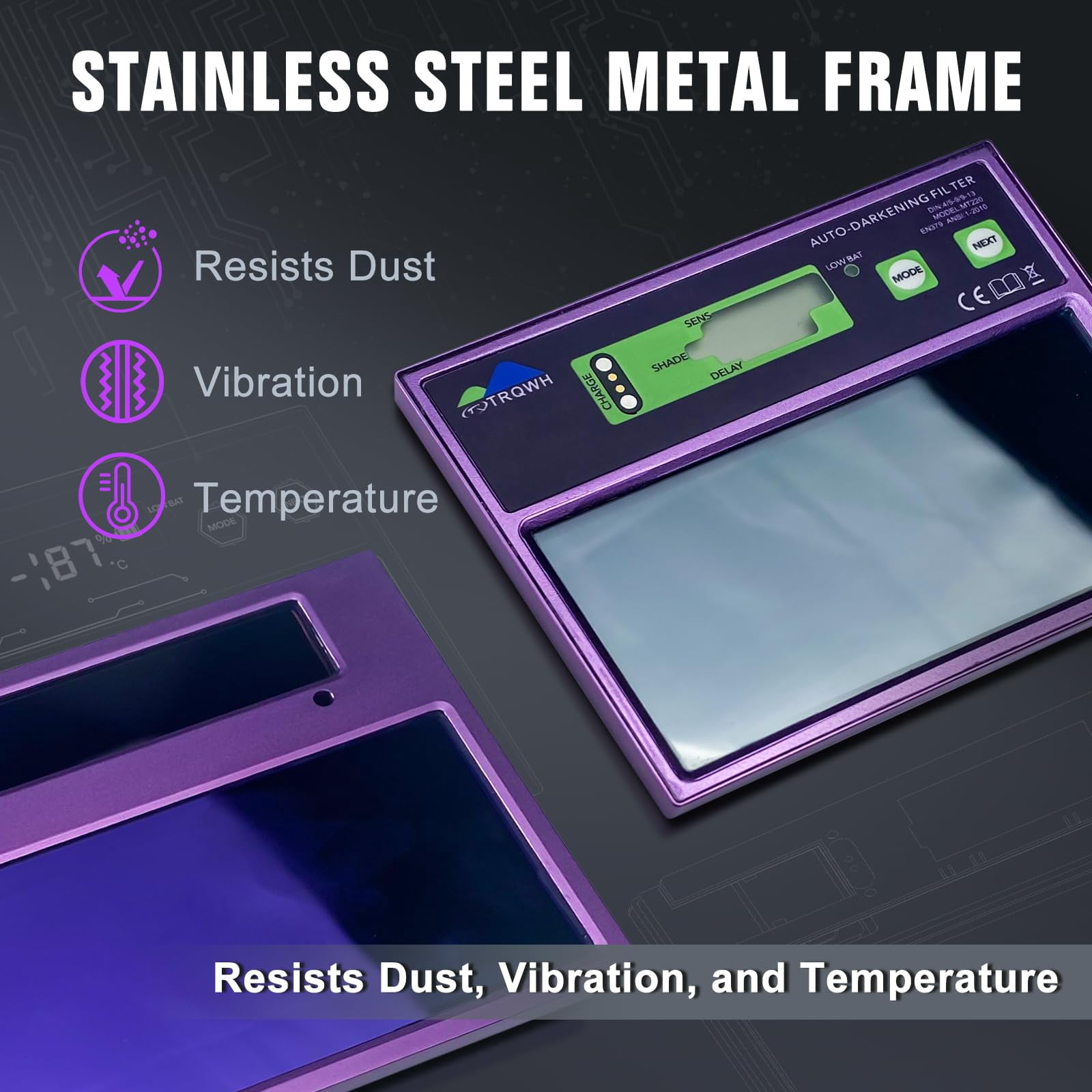 TRQWH Digital Display Welding Helmet Lens Auto Darkening Metal Welding Lens with 2 Arc Sensor Adjustable Shade Range 4/5-13 Welding Hood 4.33x3.54in True Color Lens, Violet